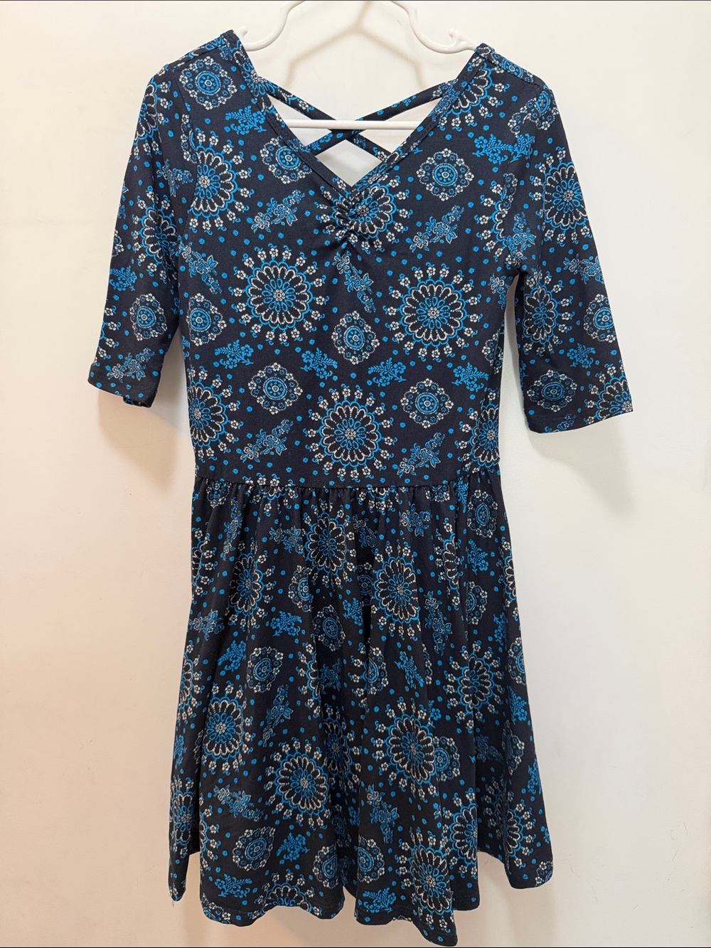 Kids Navy Blue Floral Fit-and-Flare Twirl Dress with Crisscross Back